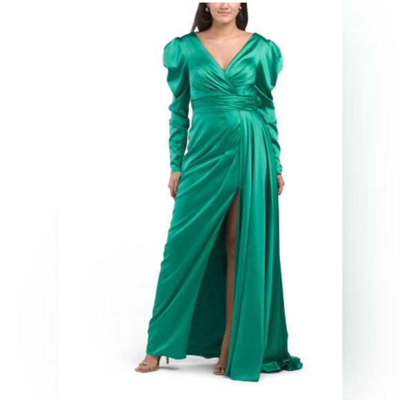 Mac Duggal 12404 Emerald Green Satin Puff Sleeve Evening Gown with Slit Size 6 - Picture 5 of 11
